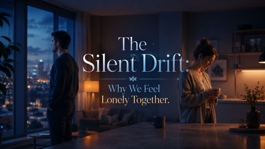 A cinematic illustration of a couple standing apart in a modern home at night, one looking out the window and the other holding a coffee cup, symbolizing emotional distance and loneliness in a relationship.