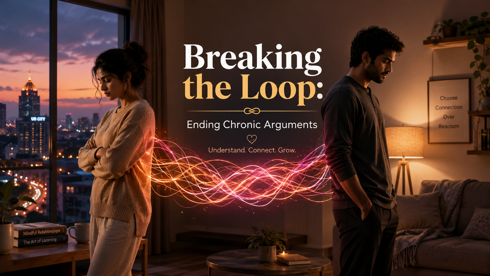 Professional couple standing apart in a modern apartment with glowing neon threads symbolizing recurring relationship conflict and emotional communication patterns.