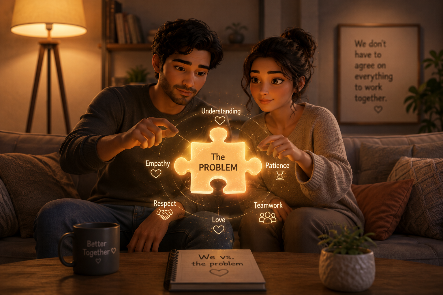 Couple sitting together showing teamwork and problem solving