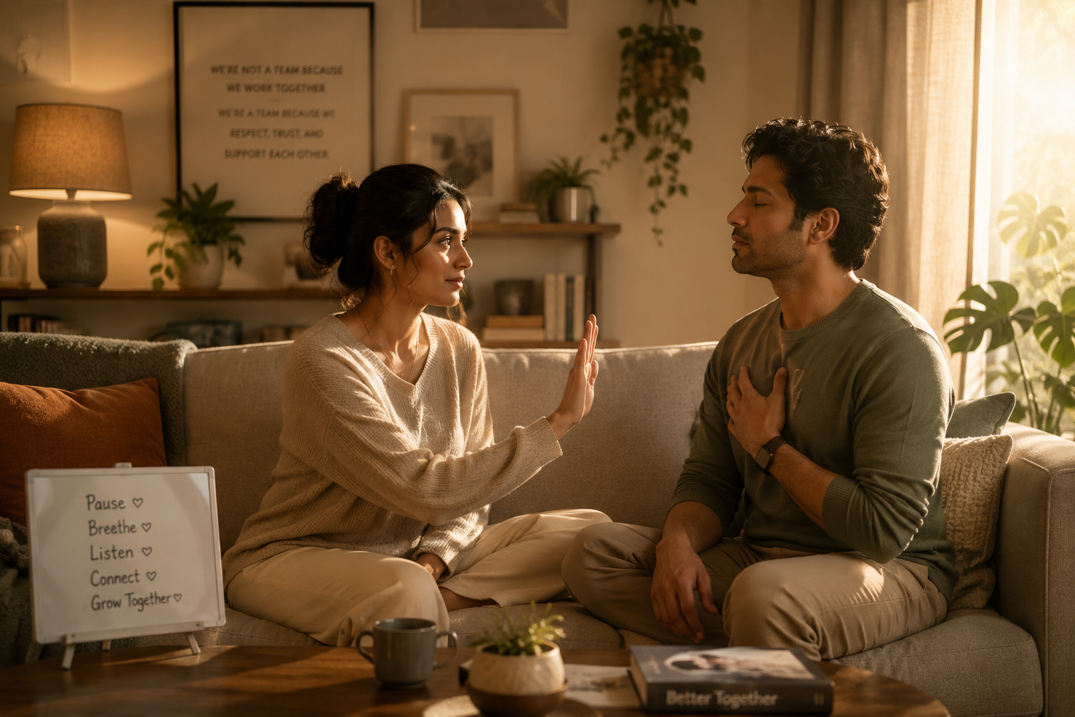 Couple using a pause technique for healthy communication