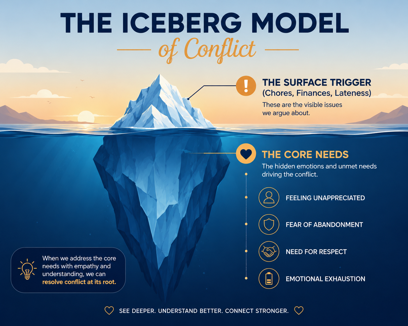 Iceberg model showing hidden emotional needs in relationship conflict