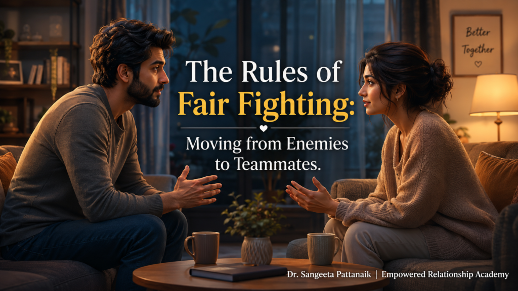A couple having a calm and respectful conversation in a cozy living room representing healthy conflict resolution and fair fighting in relationships.