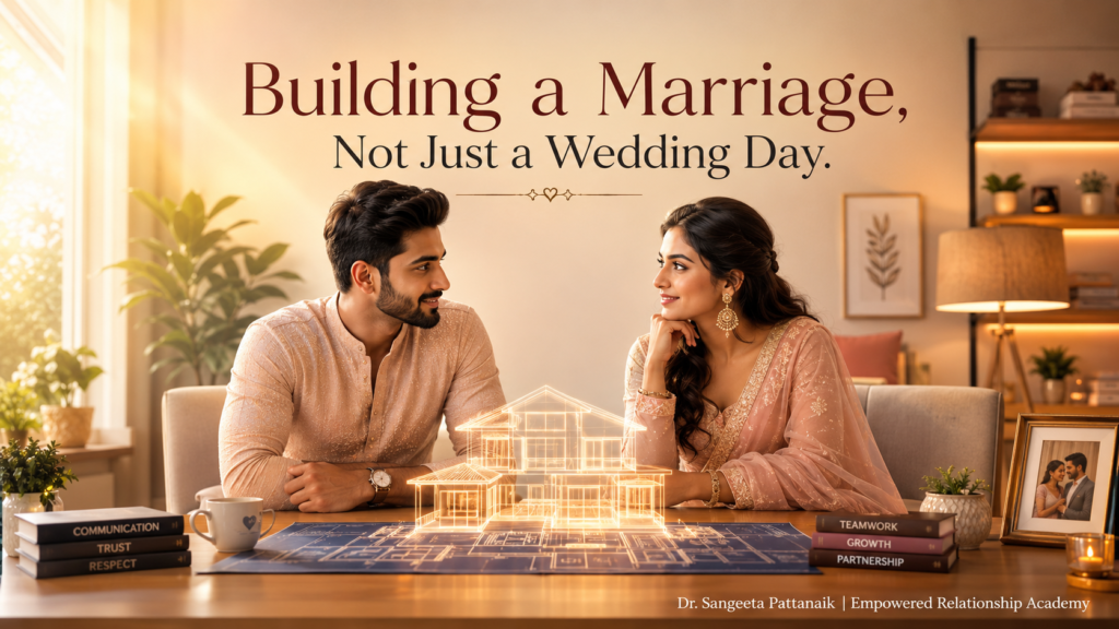 A modern Indian couple sitting in a therapist's consulting room reviewing an architectural blueprint, illustrating the benefits of premarital counseling for building a strong marriage.