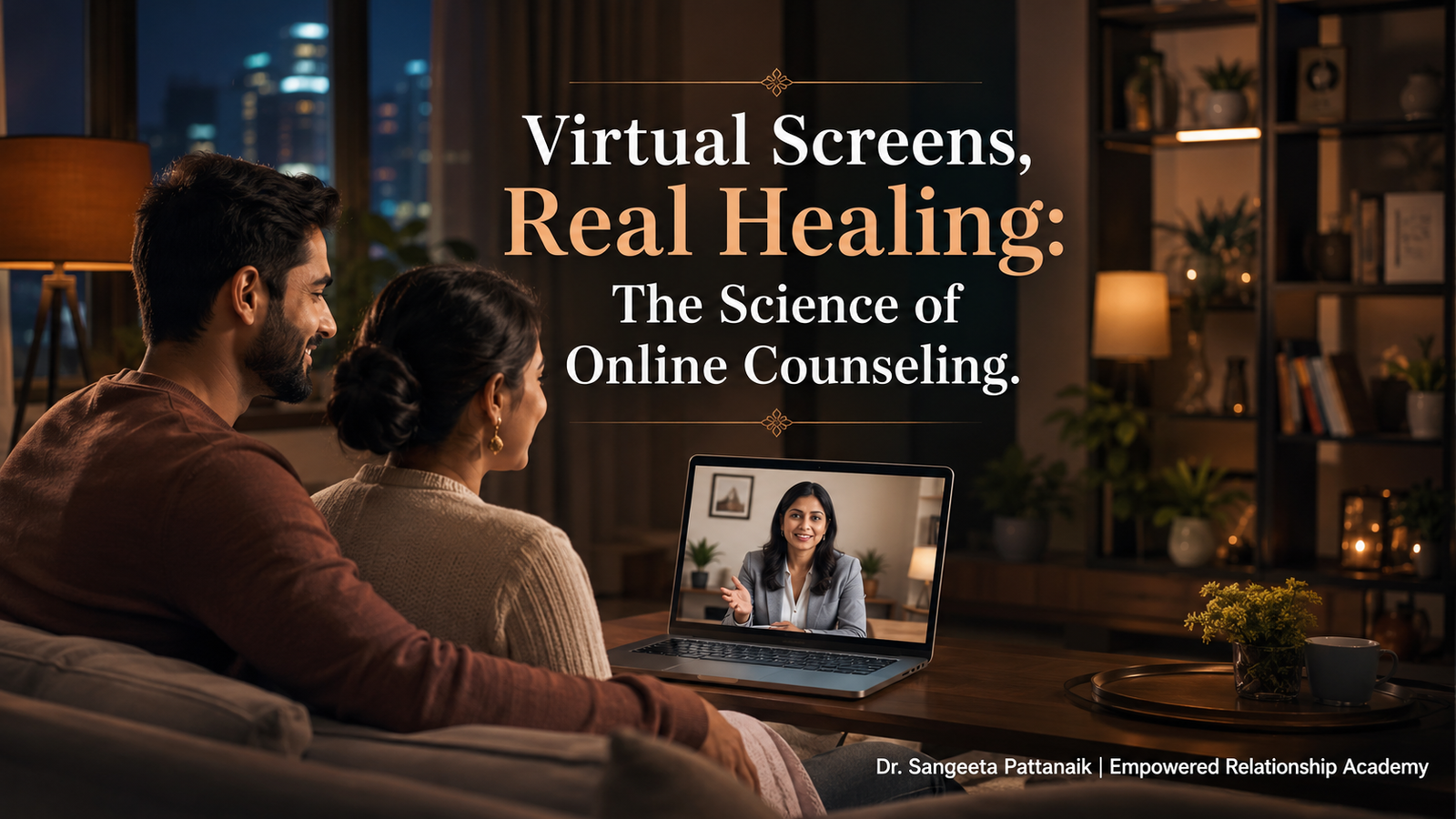 Couple participating in online therapy from home