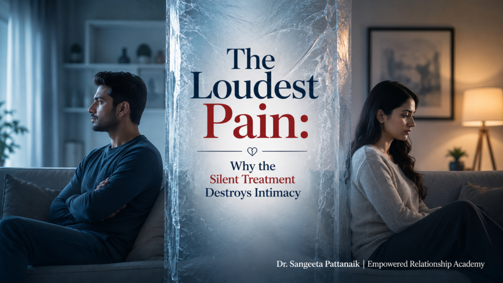 A modern Indian couple sitting on a living room couch separated by an icy wall of silence, illustrating how stonewalling in marriage destroys emotional intimacy.