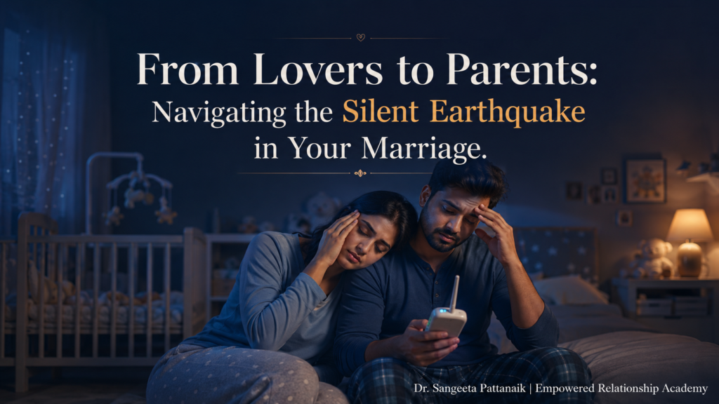 An exhausted modern Indian couple sitting in a nursery at night, leaning on each other for mutual support while navigating marriage after kids.