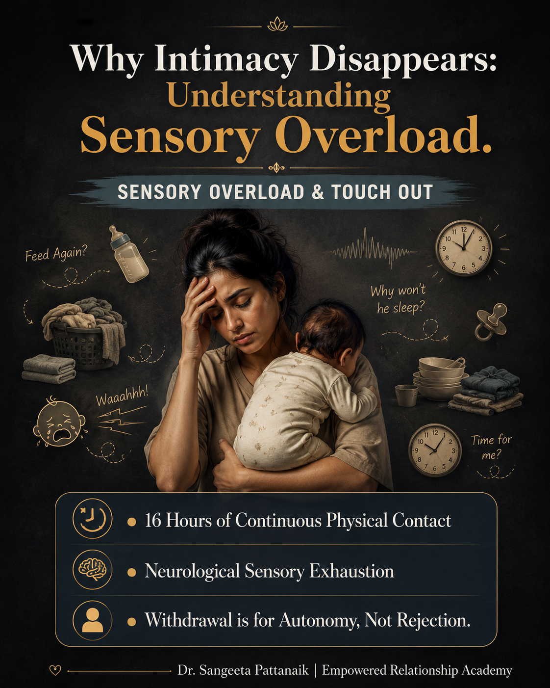 A mother experiencing sensory overload and feeling touch out after a long day of baby care