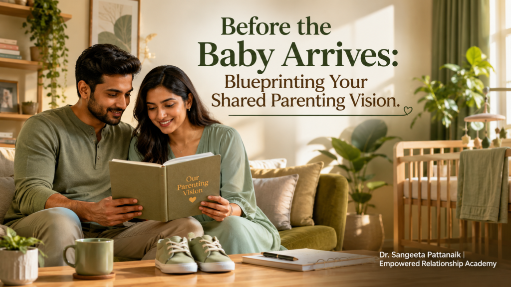 A modern Indian couple sitting together in a sunlit living room reviewing a parenting journal and baby shoes, illustrating how to align parenting styles before having kids.