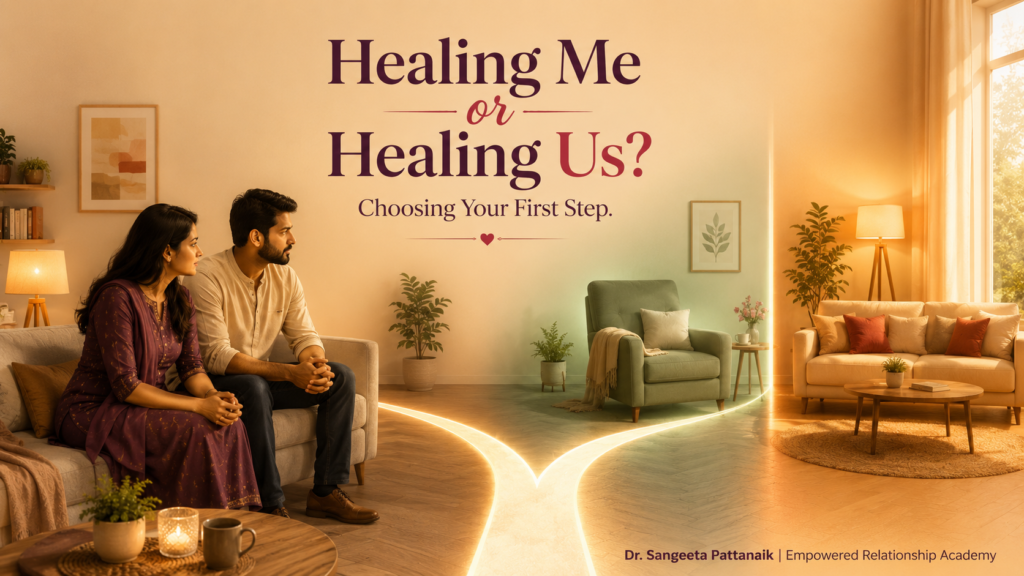 A modern Indian couple sitting in a therapist's consulting room contemplating the choice between individual vs couples therapy for their marriage.