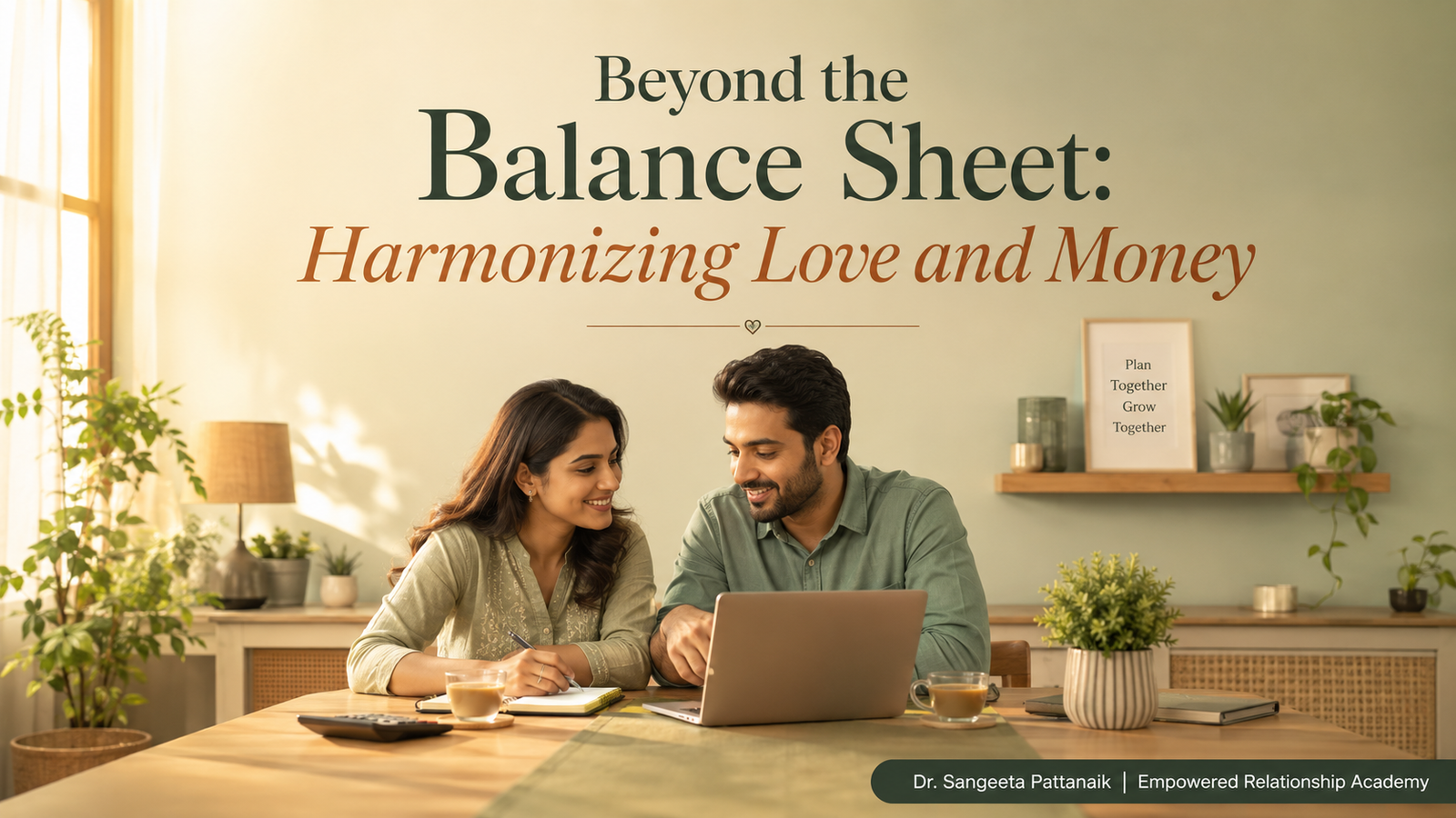 A couple discussing finances calmly and resolving financial stress in marriage