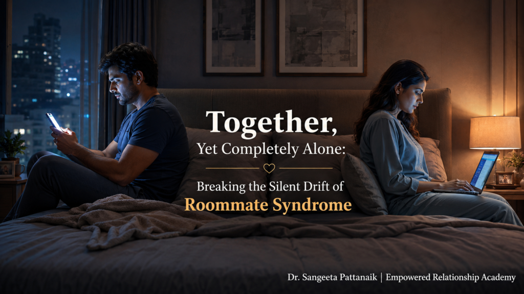 An Indian couple sitting far apart on a bed at night absorbed in smartphones, illustrating emotional distance and the danger of the roommate phase marriage.