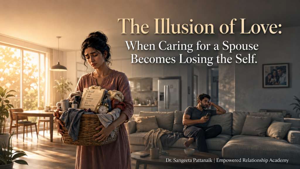 An exhausted Indian partner carrying the emotional weight of a relationship in an open sunlit room, illustrating the core signs of codependency and self-loss in marriage.
