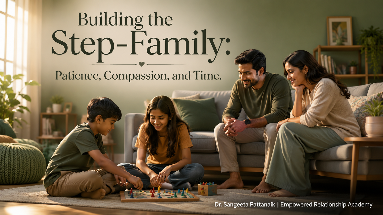 A modern Indian biological father and step-mother sitting peacefully in an open living room watching the biological child and step-child play, illustrating step-family harmony.