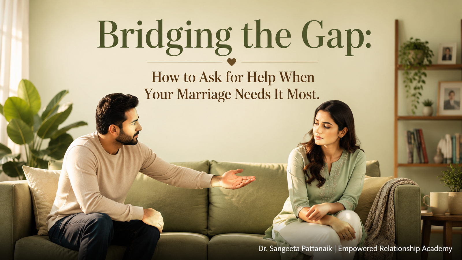 The Proposing Partner extending a welcoming hand to The Reluctant Partner on a living room sofa, illustrating how to ask for help when a partner refuses counseling.