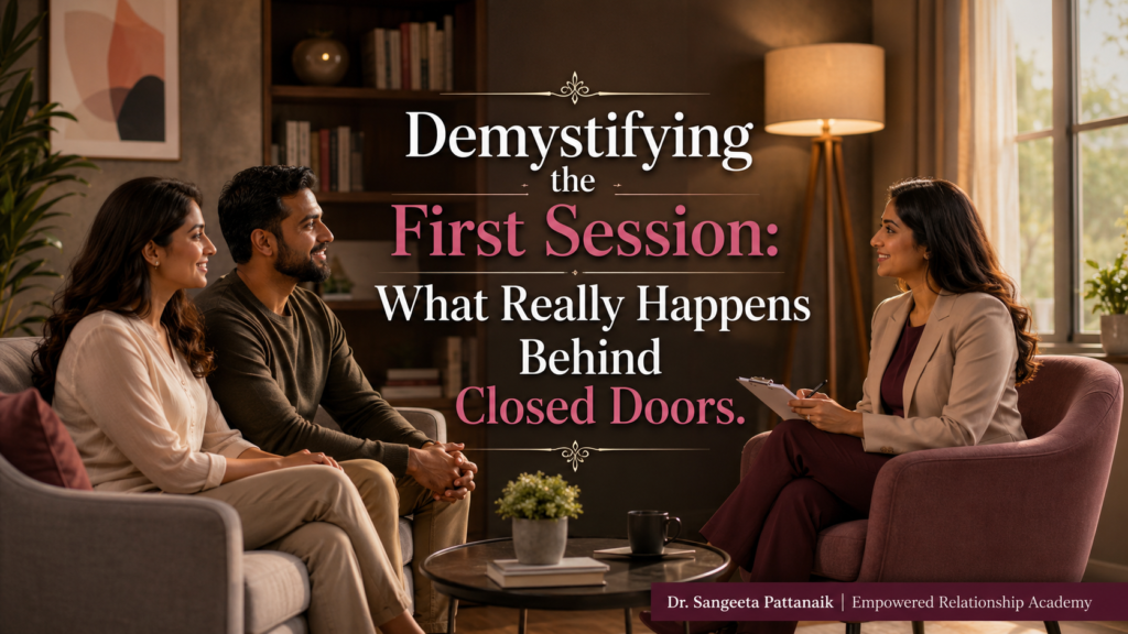 A compassionate relationship therapist guiding a couple in a warm, structured office, illustrating what to expect in couples counseling during your first session.