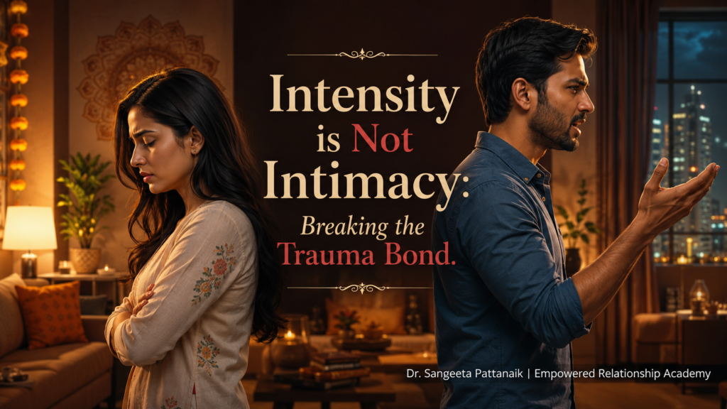 A modern Indian couple looking emotionally exhausted in an urban apartment, illustrating that intensity is not intimacy when identifying trauma bonding signs.