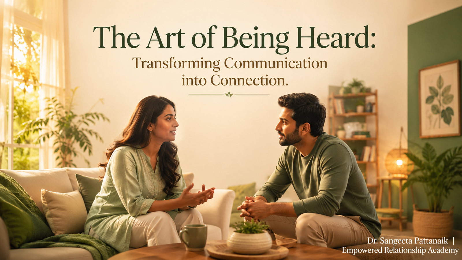 A modern Indian couple sitting together where one partner is speaking vulnerably and the other is actively listening with deep empathy, illustrating healthy communication.