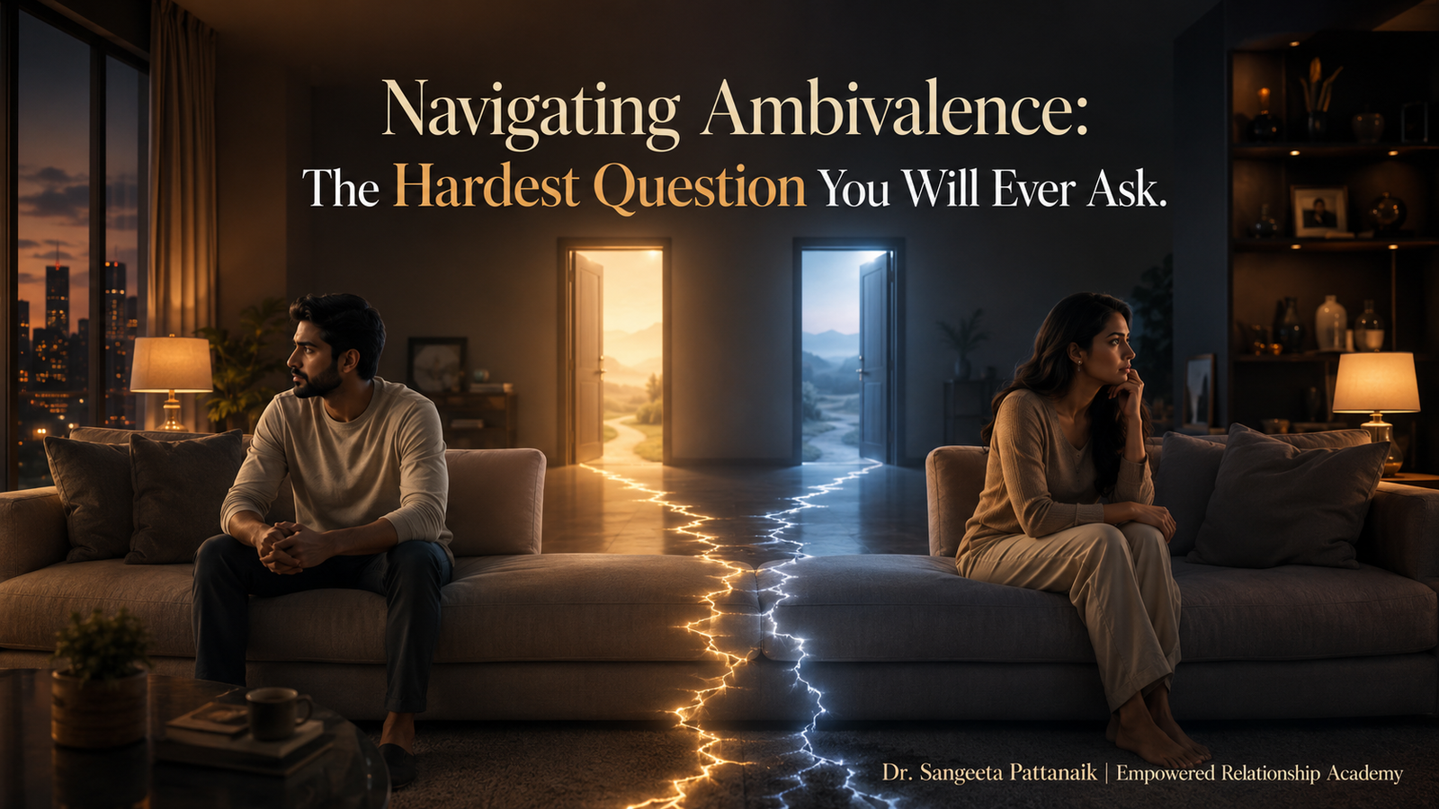 The Husband and The Wife sitting at opposite ends of a sofa facing a choice between a door labeled repair and a door labeled release, illustrating the ambivalence of divorce.