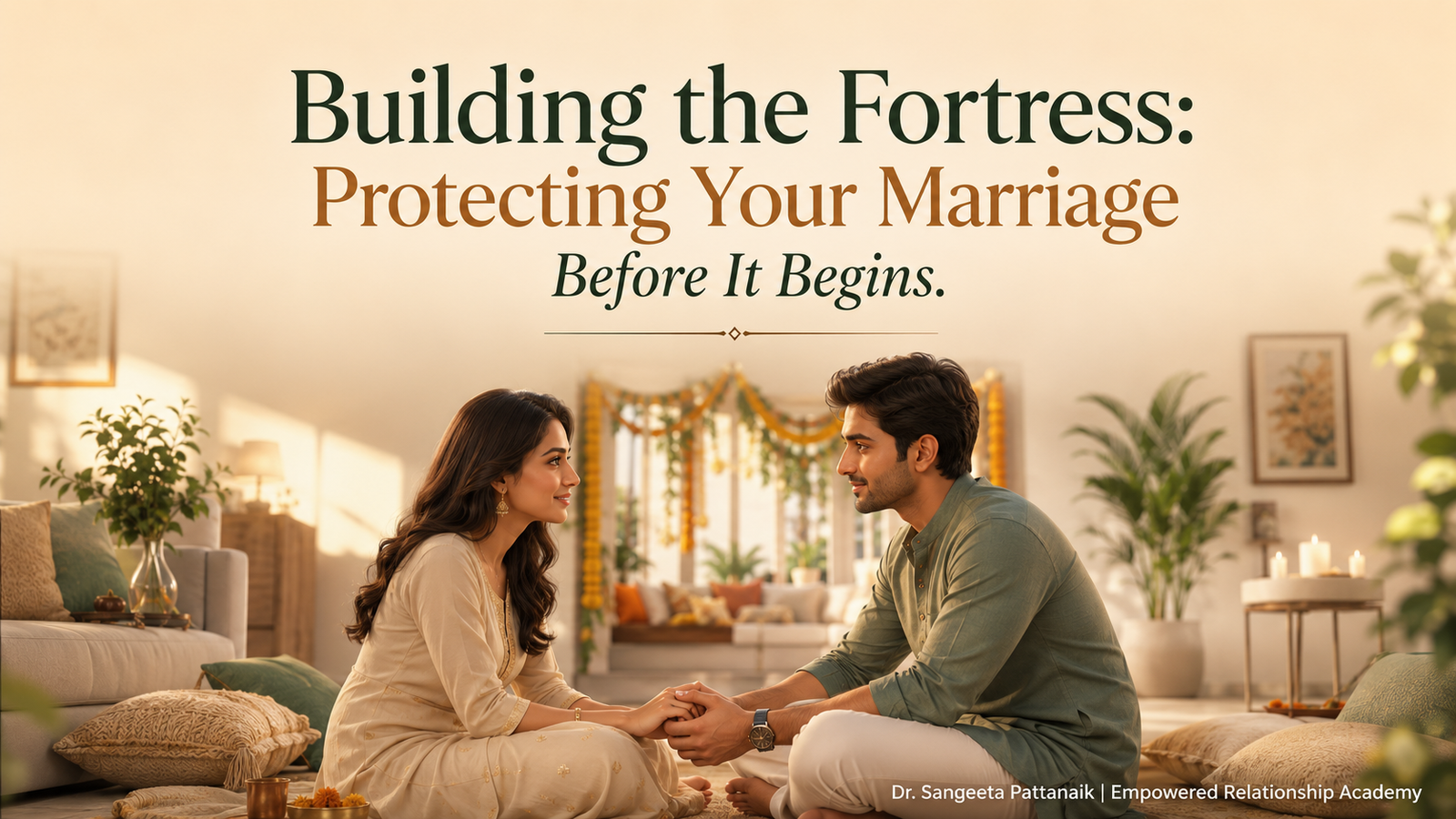 The Bride and The Groom holding hands and having a calm, united conversation in a living room, illustrating how to set healthy boundaries with in-laws before marriage.