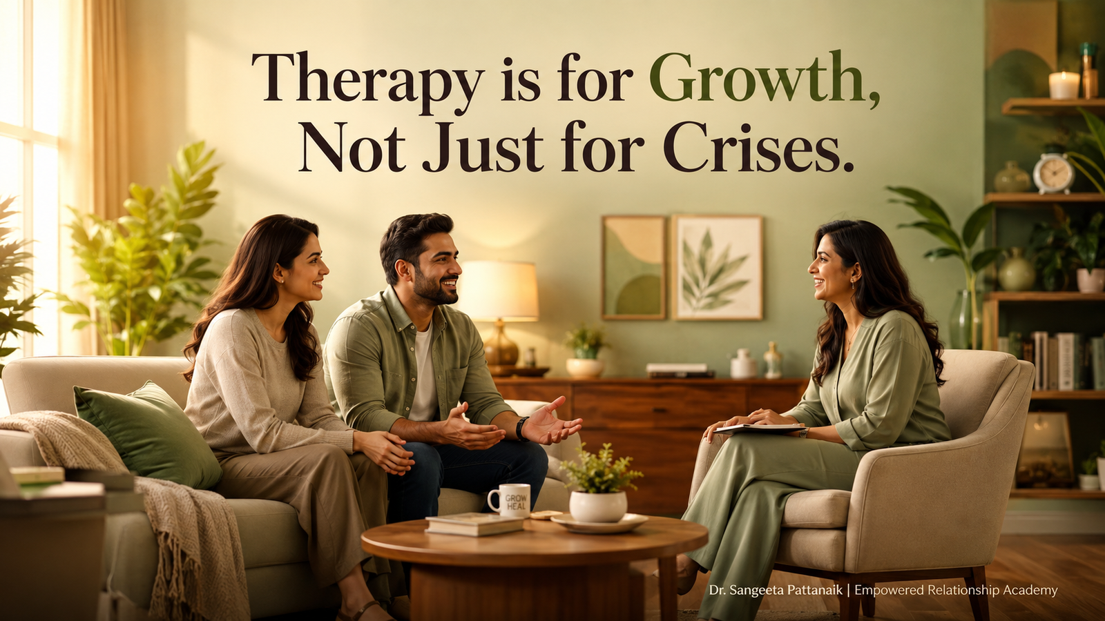 The Husband and The Wife sitting comfortably in a modern therapy room, sharing a joyful and relaxed conversation with The Clinical Therapist during a relationship check-up.